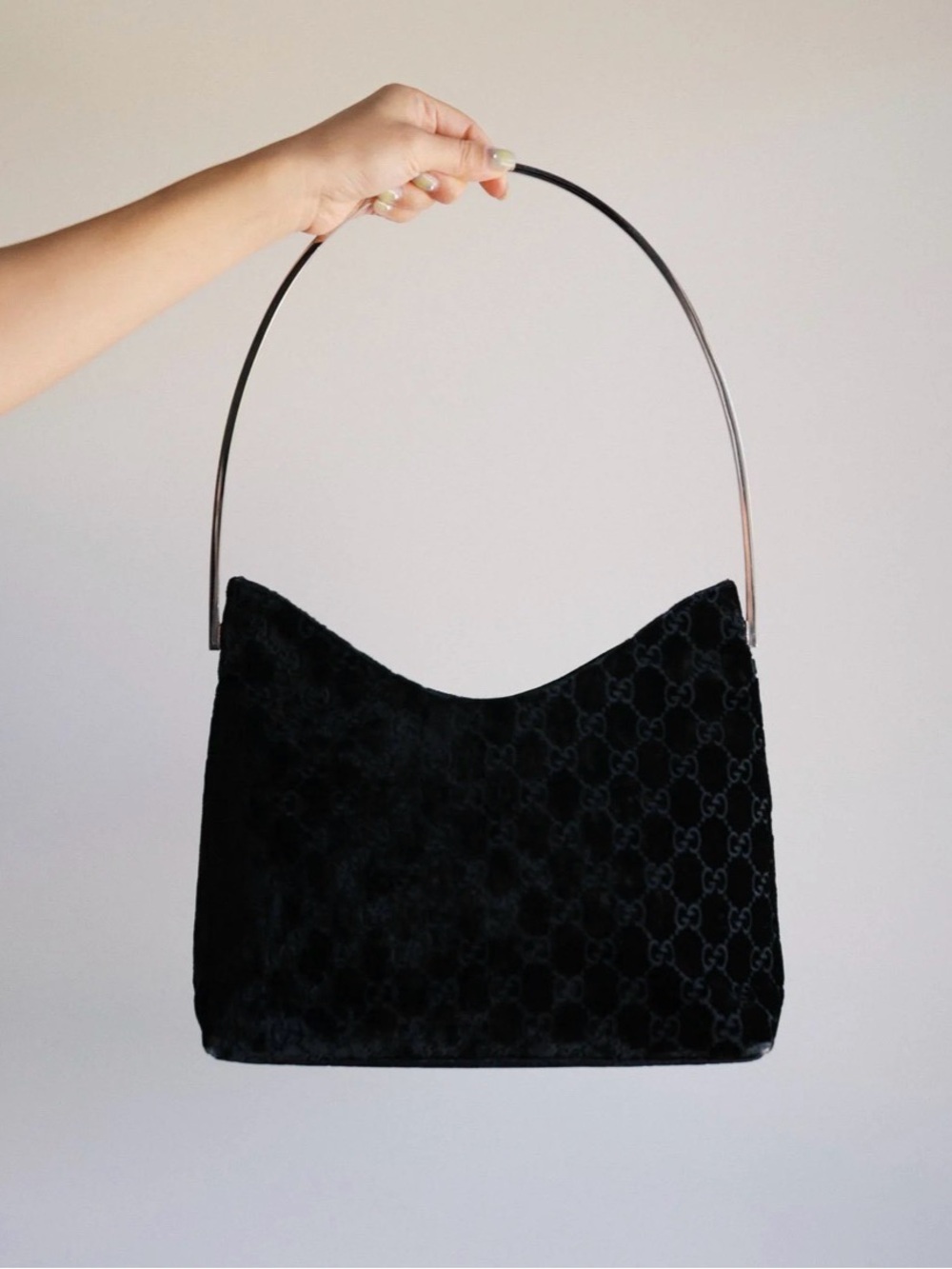Gucci Black Velvet Shoulder Bag with Slim Metal Handle